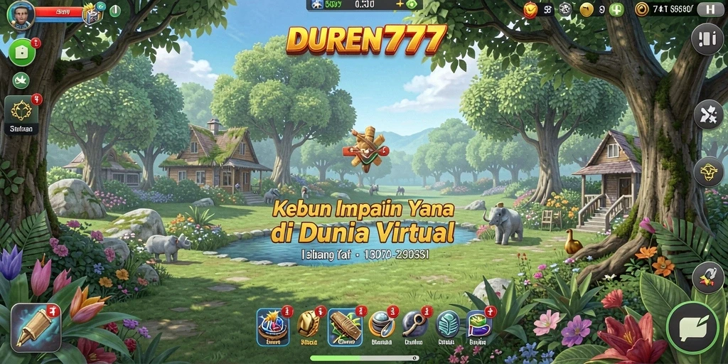 Screenshot gameplay DUREN777 yang menunjukkan kebun yang subur dan interaksi karakter.