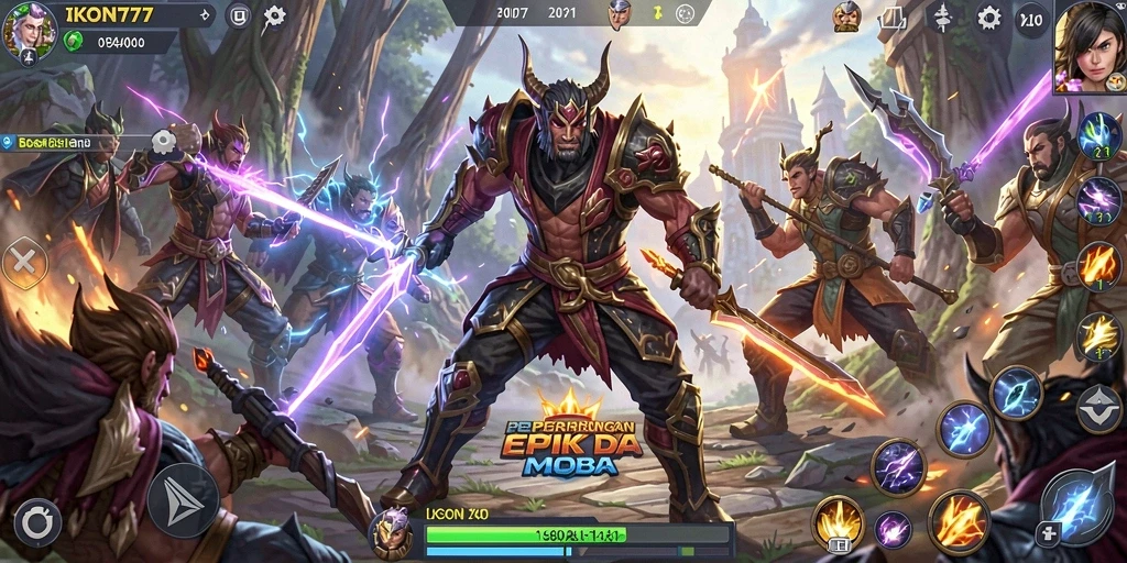 Tampilan gameplay menampilkan pertempuran tim yang intens dalam IKON777.