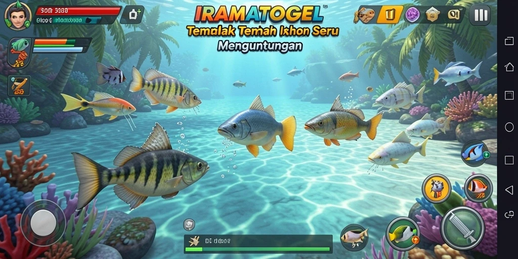 Screenshot gameplay IRAMATOGEL menampilkan aksi seru menembak ikan di lautan.