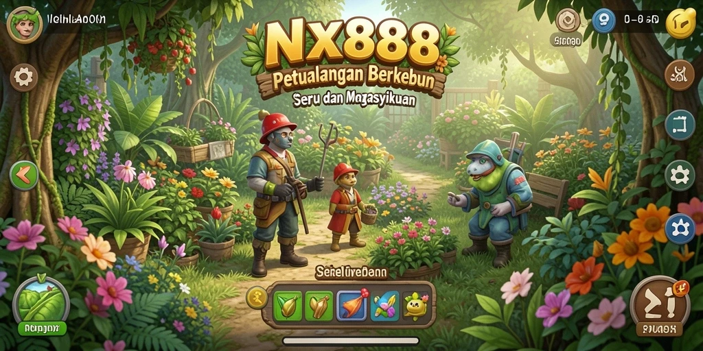 Screenshot gameplay NX888 menampilkan kebun yang indah dan hewan ternak yang sehat.