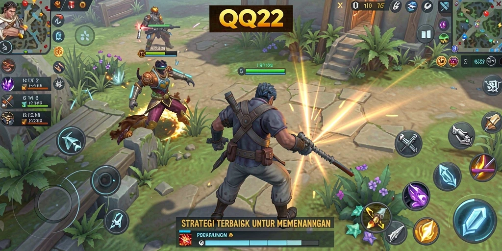 Screenshot utama menampilkan pertempuran strategis menegangkan di QQ222.