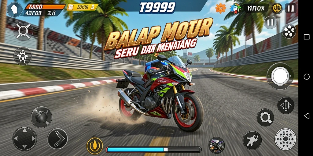 Tangkapan layar T9999 menampilkan aksi balapan motor yang intens.
